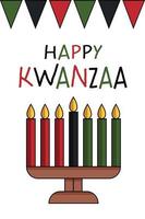 gelukkig kwanzaa groet kaart met kinara en zeven kaarsen, vlag gors, vlak illustratie. schattig gemakkelijk verticaal poster voor Afrikaanse Amerikaans kwanzaa viering vakantie. vector