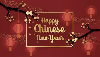 gelukkig Chinese nieuw jaar met Pruim bloesems en lantaarns in de achtergrond vector