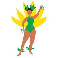 Latijns Amerika vrouw in carnaval kostuum met groen en geel veren geïsoleerd Aan wit achtergrond. Brazilië carnaval. vector illustratie.