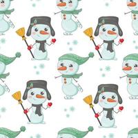 schattig Kerstmis sneeuwmannen in gebreid hoeden tekenfilm naadloos patroon vector