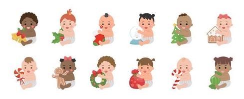 reeks van gelukkig schattig baby's of peuters met Kerstmis of nieuw jaar elementen, Kerstmis kous met Kerstmis boom met ontbijtkoek, vector tekenfilm stijl