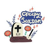 halloween belettering griezelig seizoen met graf Schep. vakantie clip art. vlak vector illustratie geïsoleerd Aan wit achtergrond