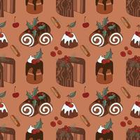 schattig Kerstmis chocola desserts. naadloos patroon vector illustratie van zoet vakantie feest.
