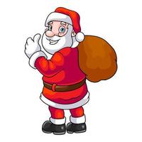 tekenfilm de kerstman claus geven een duimen omhoog met een geschenk zak geïsoleerd Aan wit achtergrond vector