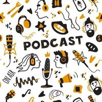 podcast naadloos vector patroon. hand getekend elementen. hoofden in koptelefoon, microfoons, oortelefoons, speken mond enz