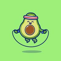 schattig avocado spelen springen touw tekenfilm vector icoon illustratie. fruit Gezondheid icoon concept geïsoleerd premie vector. vlak tekenfilm stijl