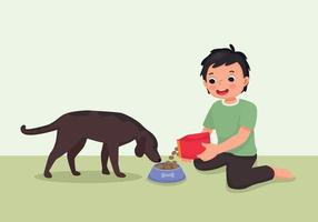 schattig weinig jongen voeden zijn hond huisdier met dier voedsel vector