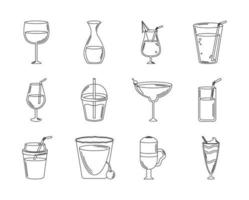 drankjes drank glas cups fles alcoholisch likeur pictogrammen reeks lijn stijl icoon vector