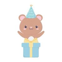 gelukkig verjaardag beer met partij hoed en geschenk tekenfilm vector