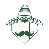 Mexicaans vlag vormig hart met hoed en snor cinco de mayo viering lijn stijl icoon vector