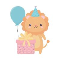 gelukkig verjaardag leeuw met partij hoed geschenk ballon viering decoratie vector