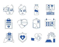 online dokter Gezondheid geneeskunde zorg blauw lijn stijl pictogrammen reeks vector