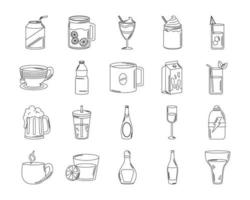 drankjes drank glas cups fles alcoholisch likeur pictogrammen reeks lijn stijl icoon vector