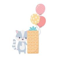 gelukkig verjaardag wasbeer met geschenk doos en ballonnen viering decoratie vector