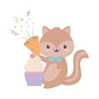gelukkig verjaardag eekhoorn geschenk koekje en toeter confetti viering decoratie kaart vector