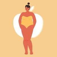 een vrouw figuur van de appel type. tekenfilm mollig meisje in een geel strapless zwempak. vector voorraad illustratie van een vrouw met breed schouders geïsoleerd.