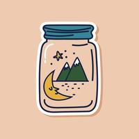 getrokken tekening pot sticker met bergen en een halve maan maan binnen. geïsoleerd sticker van camping reizen. vector illustratie van natuur binnen een glas kan.