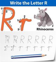 letter r tracering alfabet werkblad met neushoorn vector