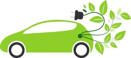 groen elektrisch groen auto met opladen kabel en bladeren van achter. schoon energie en nul uitstoot in de atmosfeer. icoon elektrisch auto. zonder inscripties in de figuur vector