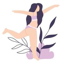 vrouw lichaam positief. poster met meisje en bladeren. vector illustratie. vlak stijl.
