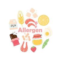 voedsel allergenen. allergeen producten verzameling. vector illustratie. allergie. getrokken stijl. allergeen vis, ei, honing, gluten, melk.