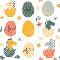 patroon met weinig dinosaurussen in de eieren. gebarsten ei. bloemen en spiralen. vector achtergrond. baby afdrukken