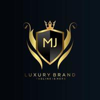 mj brief eerste met Koninklijk sjabloon.elegant met kroon logo vector, creatief belettering logo vector illustratie.