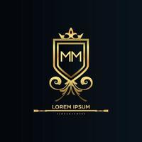 mm brief eerste met Koninklijk sjabloon.elegant met kroon logo vector, creatief belettering logo vector illustratie.