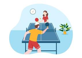 mensen spelen tafel tennis sport- met racket en bal van ping pong spel bij elkaar passen in vlak tekenfilm hand- getrokken Sjablonen illustratie vector