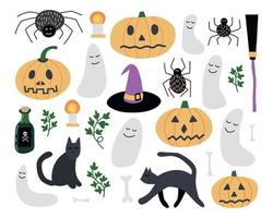 vector halloween stickers set. schattig halloween voorwerpen in tekenfilm stijl set. geest, bezem, heks hoed, toverdrank, pompoen hoofd en spin