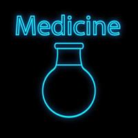 helder lichtgevend blauw medisch wetenschappelijk digitaal neon teken voor een apotheek op te slaan of ziekenhuis laboratorium. een mooi glimmend fles of test buis Aan een zwart achtergrond. vector illustratie