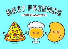 schattig, grappig vrolijk glas bier, pizza en chips. vector hand getekend kawaii stripfiguren, illustratie pictogram. grappige cartoon glas bier, pizza en chips mascotte vrienden concept