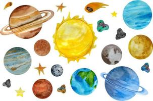 waterverf ruimte clip art, zonne- systeem planeten, ruimte aarde maan Jupiter Pluto. waterverf reeks van universum. vector