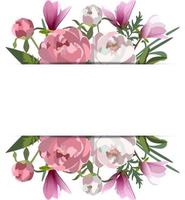 roze bruiloft horizontaal botanisch vector ontwerp spandoek. magnolia's, pioen bloemen met bladeren en stengels.