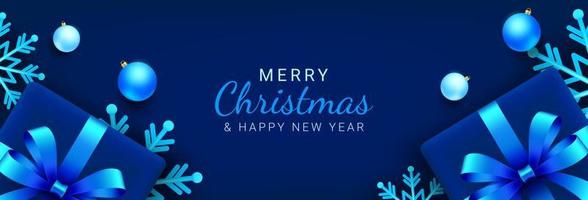 Kerstmis spandoek. horizontaal blauw Kerstmis achtergrond ontwerp met sneeuwvlok, geschenk doos en blauw bal elementen. vector illustratie