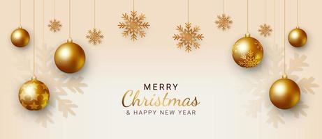 Kerstmis en nieuw jaar spandoeken. Kerstmis achtergrond ontwerp met sneeuwvlokken en gouden ballen. Kerstmis groet kaart, poster of web. vector illustratie