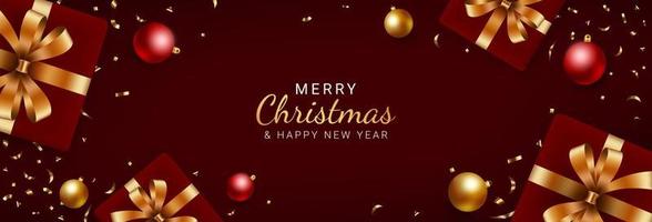 rood Kerstmis spandoek. Kerstmis achtergrond ontwerp met geschenk dozen, goud confetti, rood en goud ballen. vector illustratie