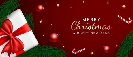 Kerstmis en nieuw jaar spandoeken. rood Kerstmis achtergrond ontwerp met boom takken, geschenk dozen, Kerstmis bal decoratie. Kerstmis groet kaart, poster of web. vector illustratie