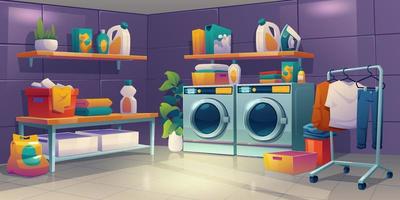 wasserij kamer met het wassen machine, schoon kleren vector