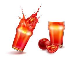 gesneden tomaten, glas met tomaat sap plons vector