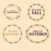 een reeks van herfst kaders in ronde vorm met bladeren, bloemen en champignons in geel, groente, bard kleur. Hallo september, oktober. Welkom herfst, val. vector