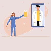 vrouw en Mens in geneesmiddel. verpleegster en dokter. de medisch personeel is Holding een extract in hun handen. banier voor de plaats. illustratie of poster. telefoon. wit gewaad en uniform.online raadplegen vector