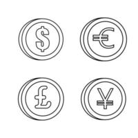 reeks van verschillend munten in lijn stijl. dollar, euro, pond, yen. vector vlak illustratie