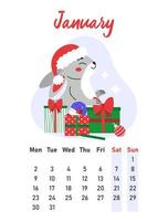 januari 2023 kalender. de haas met een de kerstman hoed zit tussen Kerstmis presenteert. vlak vector illustratie.