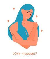 zelf zorg en zelf aanvaarding concept vector vlak illustratie. jong glimlachen naakt vrouw met blauw haar- knuffelen haarzelf.