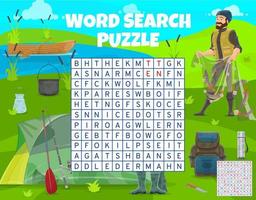 visvangst sport en camping, woord zoeken puzzel spel vector