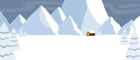 winter bergen landschap landschap, natuur achtergrond met rotsen en bevroren bomen. tekenfilm vector illustratie.