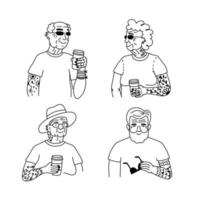 koel oud mensen met tatoeëren drinken thee of koffie samen. lijn kunst tekening illustratie voor afdrukken, grafisch ontwerp, stickers en poster sjabloon vector