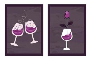 reeks van elegant modieus kaarten met glas van wijn, mooi roos. minimalistisch modern composities. vector illustratie voor Valentijnsdag dag, geschenk, romantisch diner, bruiloft, dating