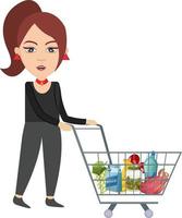 vrouw met boodschappen doen kar, illustratie, vector Aan wit achtergrond.